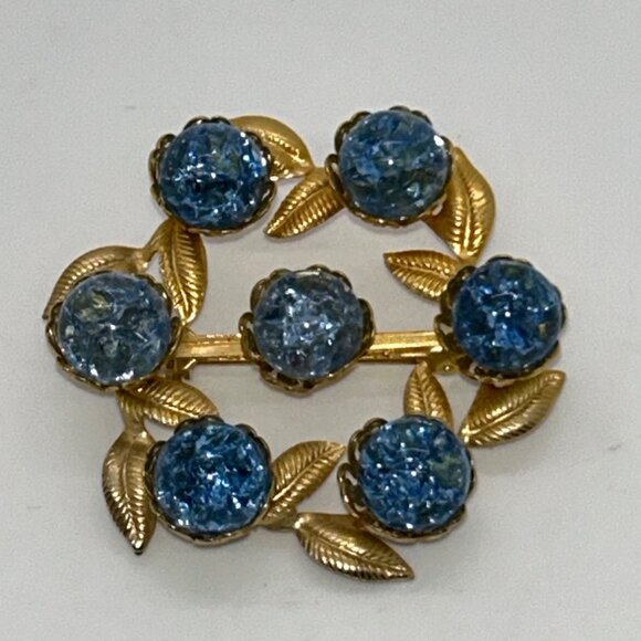 Vintage Gold-Tone Brooch With Blue Crackle Glass Stones & Leaf Design Rivet Set - Picture 2 of 16